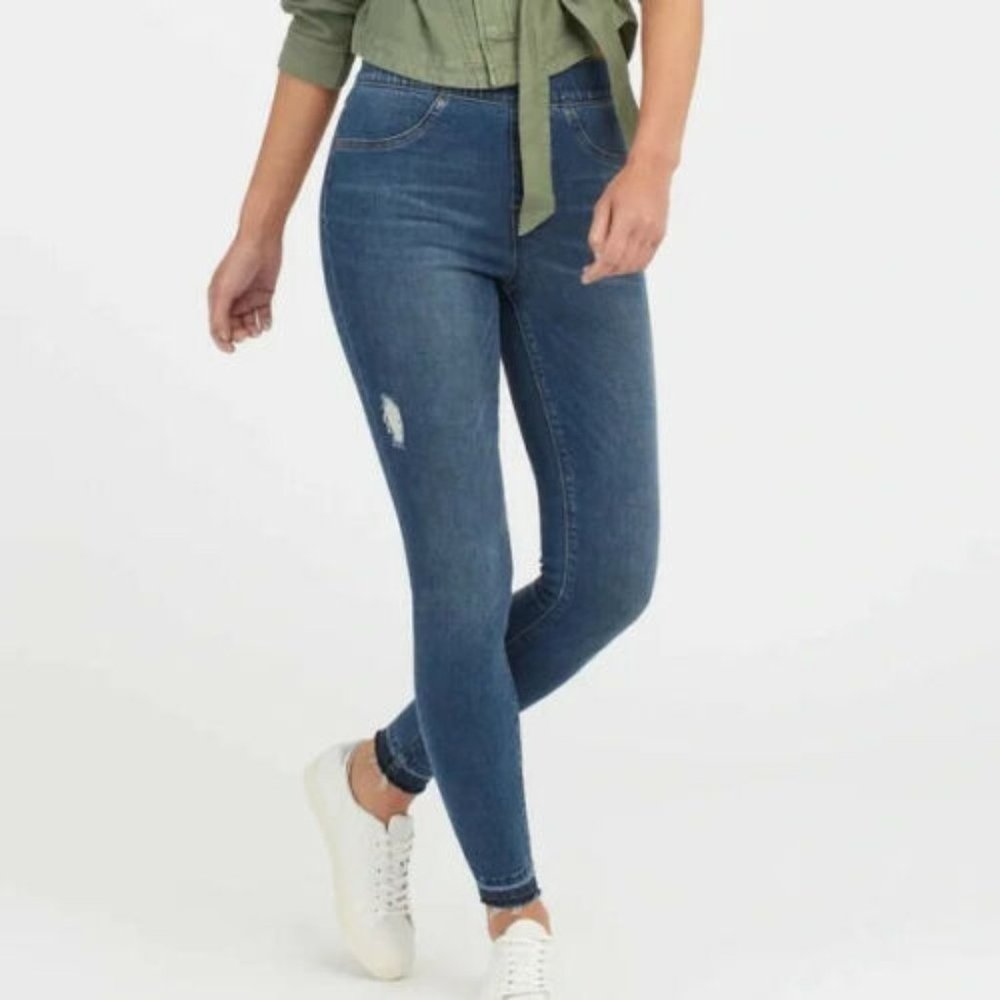 Spanx Skinny Distressed Pull on Jeans Jeggings Small Stretch Denim High Waist